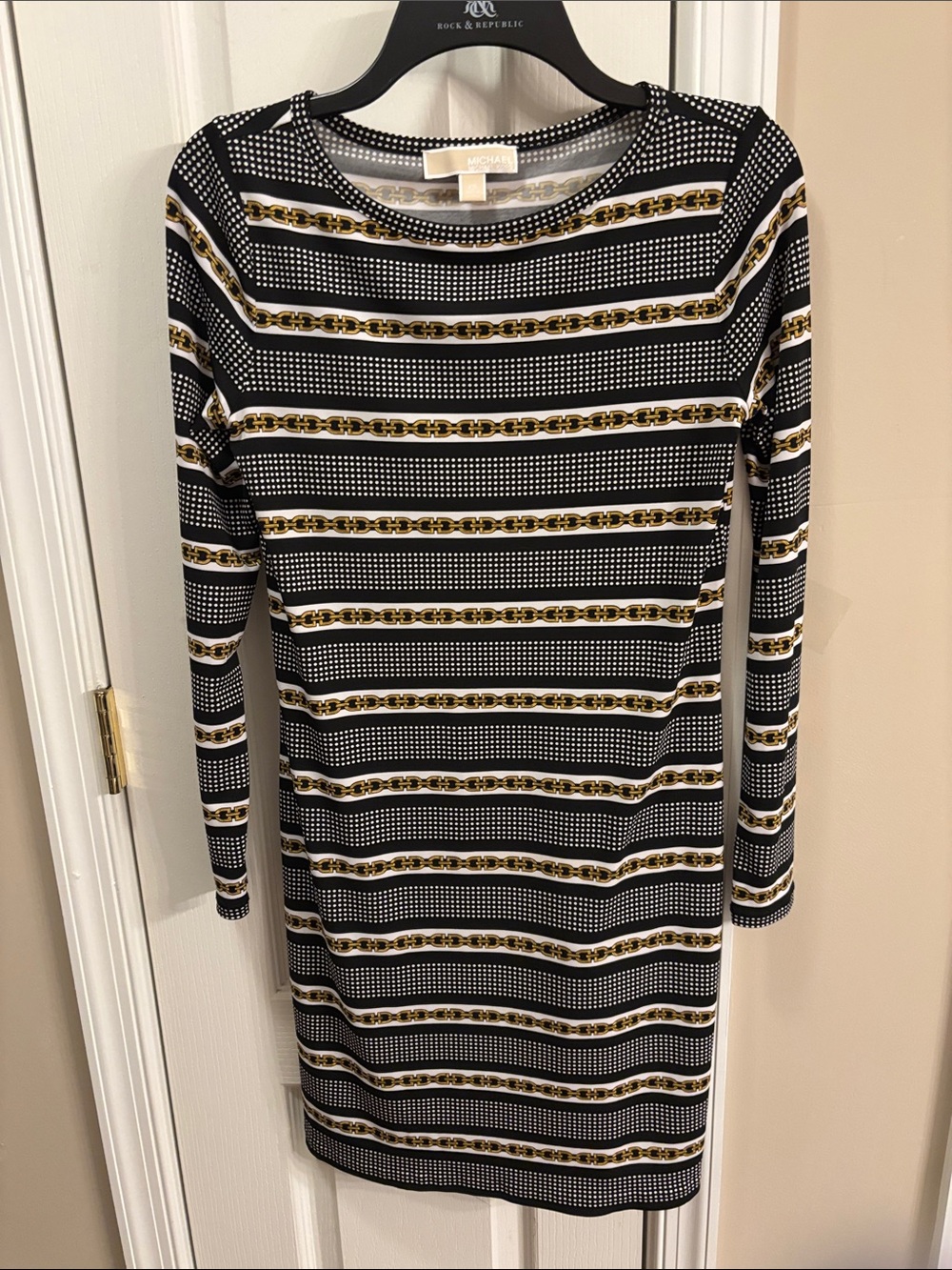 Michael Kors Black and Gold Chain-Print Long Sleeve Sheath Dress
